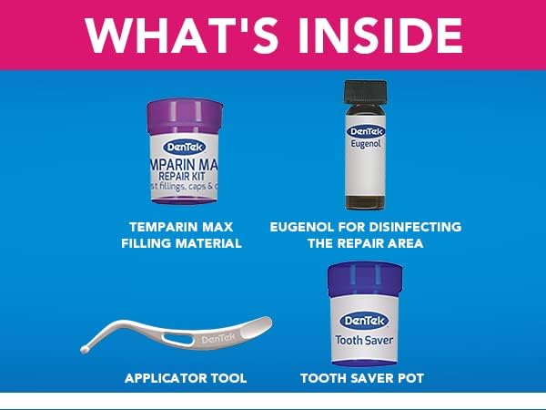 DenTek Home Dental First Aid Kit for repairing lost fillings or securing loose caps, crowns or inlays with spade tool