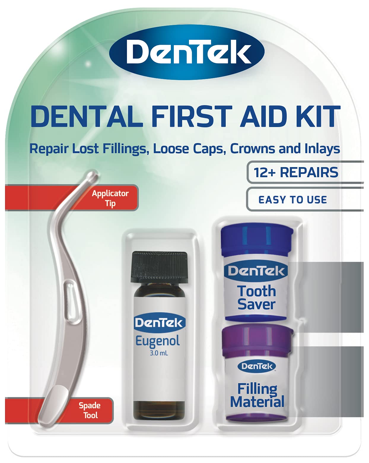 DenTek Home Dental First Aid Kit for repairing lost fillings or securing loose caps, crowns or inlays with spade tool