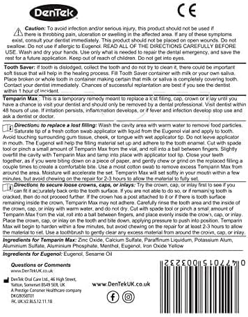 DenTek Home Dental First Aid Kit for repairing lost fillings or securing loose caps, crowns or inlays with spade tool