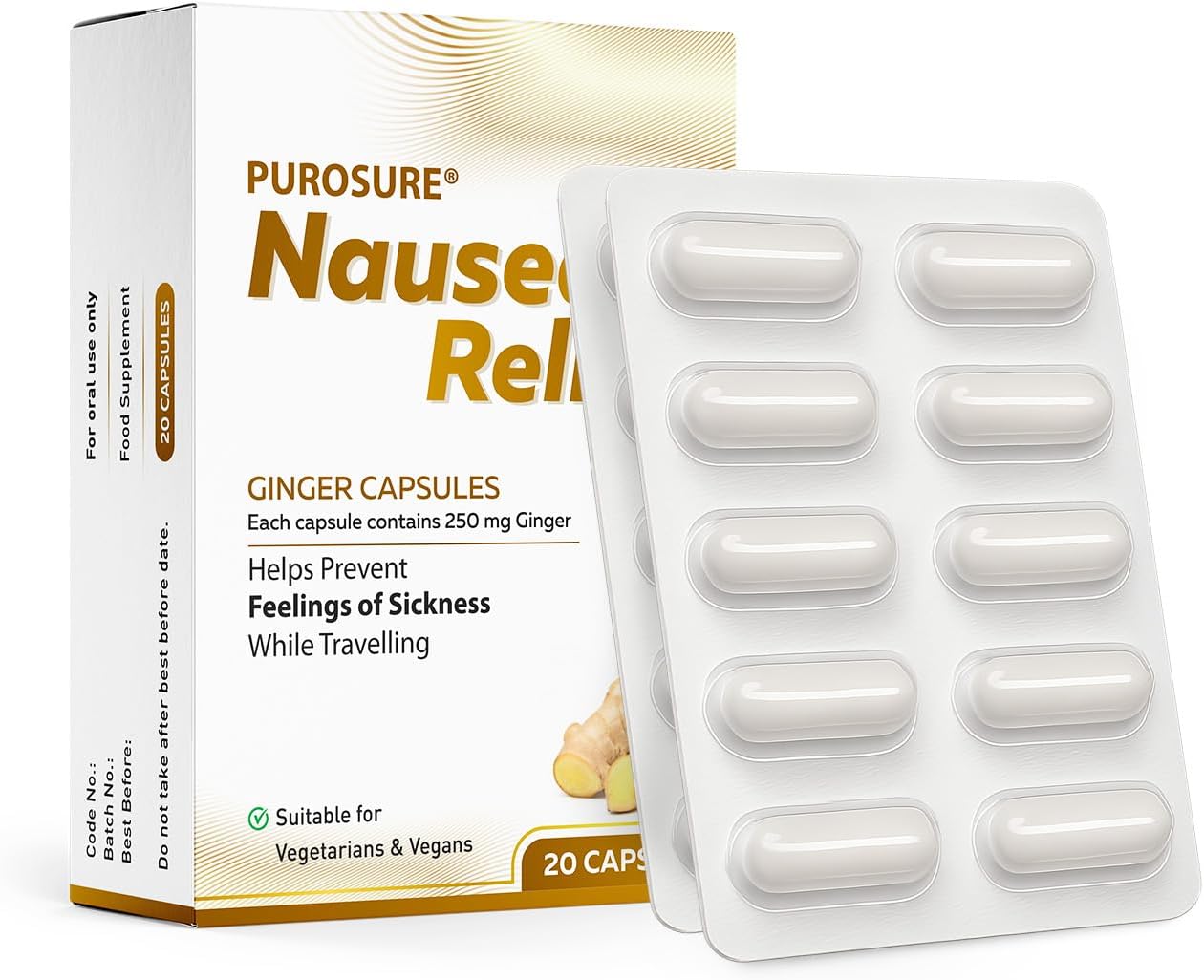 Purosure Nausea Relief Ginger Capsules for Travel Sickness Relief, 250 mg 20