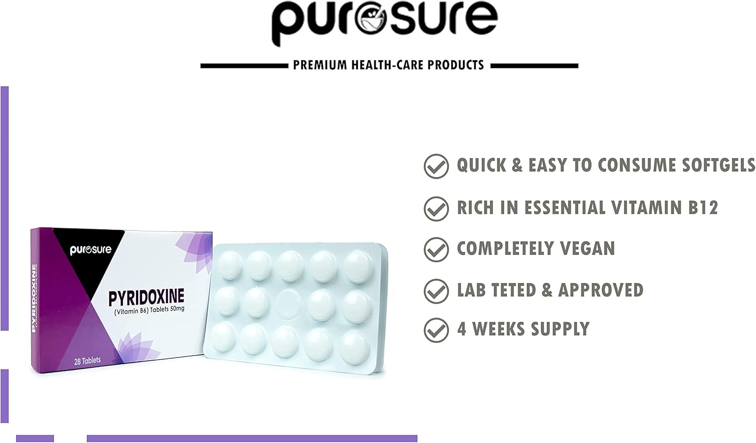 PuroSure Pyridoxine B6 – 50mg, 28 Tablets
