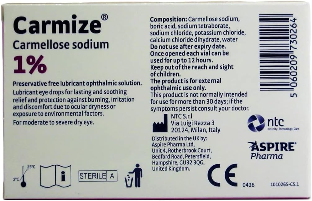 Carmize Carmellose Sodium Eye Drops 1% Lubricant, Re-Closable Vial's of 0.4ml (30 Vials)