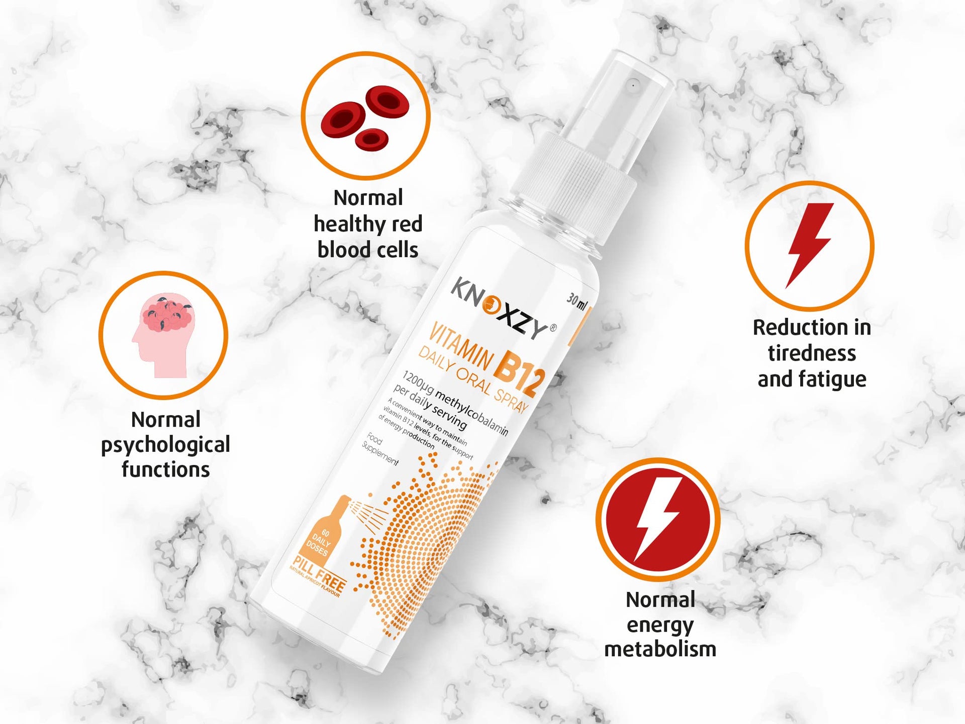KNOXZY Vitamin B12 Oral Spray – 1,200 IU, 30ml Apricot Flavour