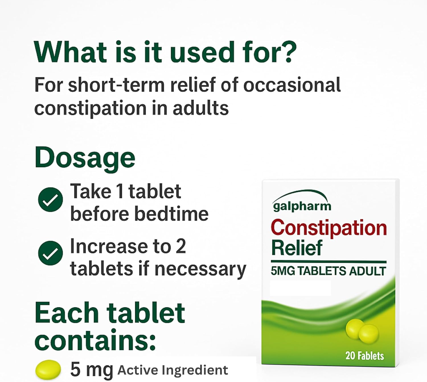 Galpharm Constipation Relief Bisocodyl 5mg 20 Tablets| Fast-Acting Laxative |Gentle Bowel Support for Adults & Children 12+