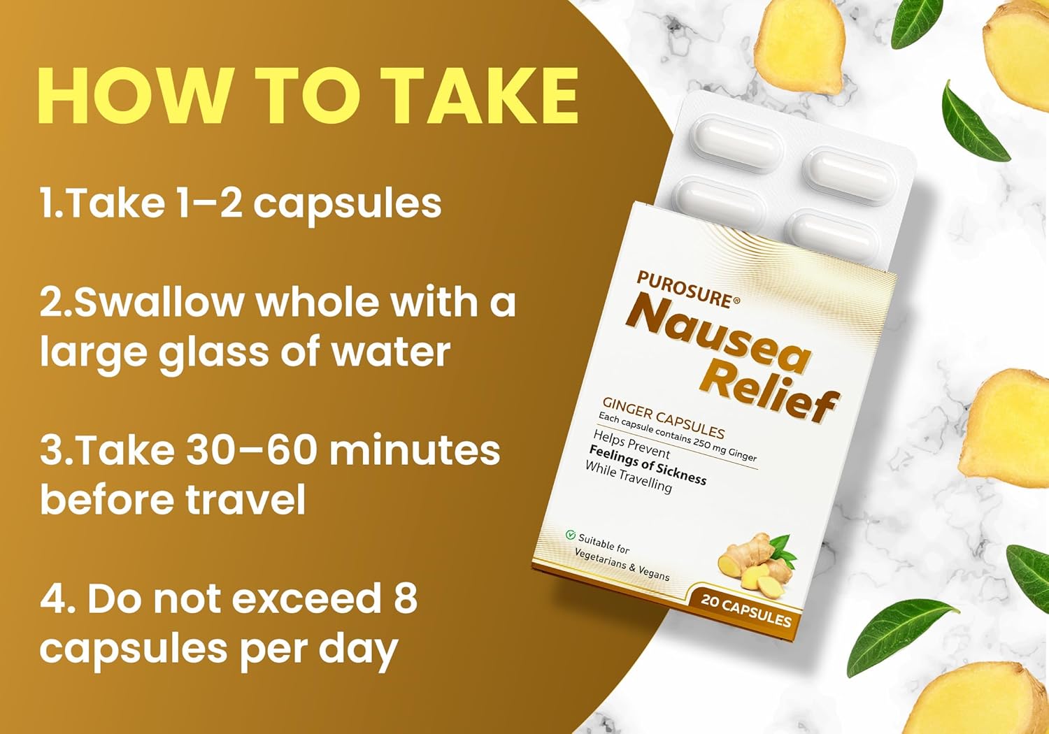 Purosure Nausea Relief Ginger Capsules for Travel Sickness Relief, 250 mg 20