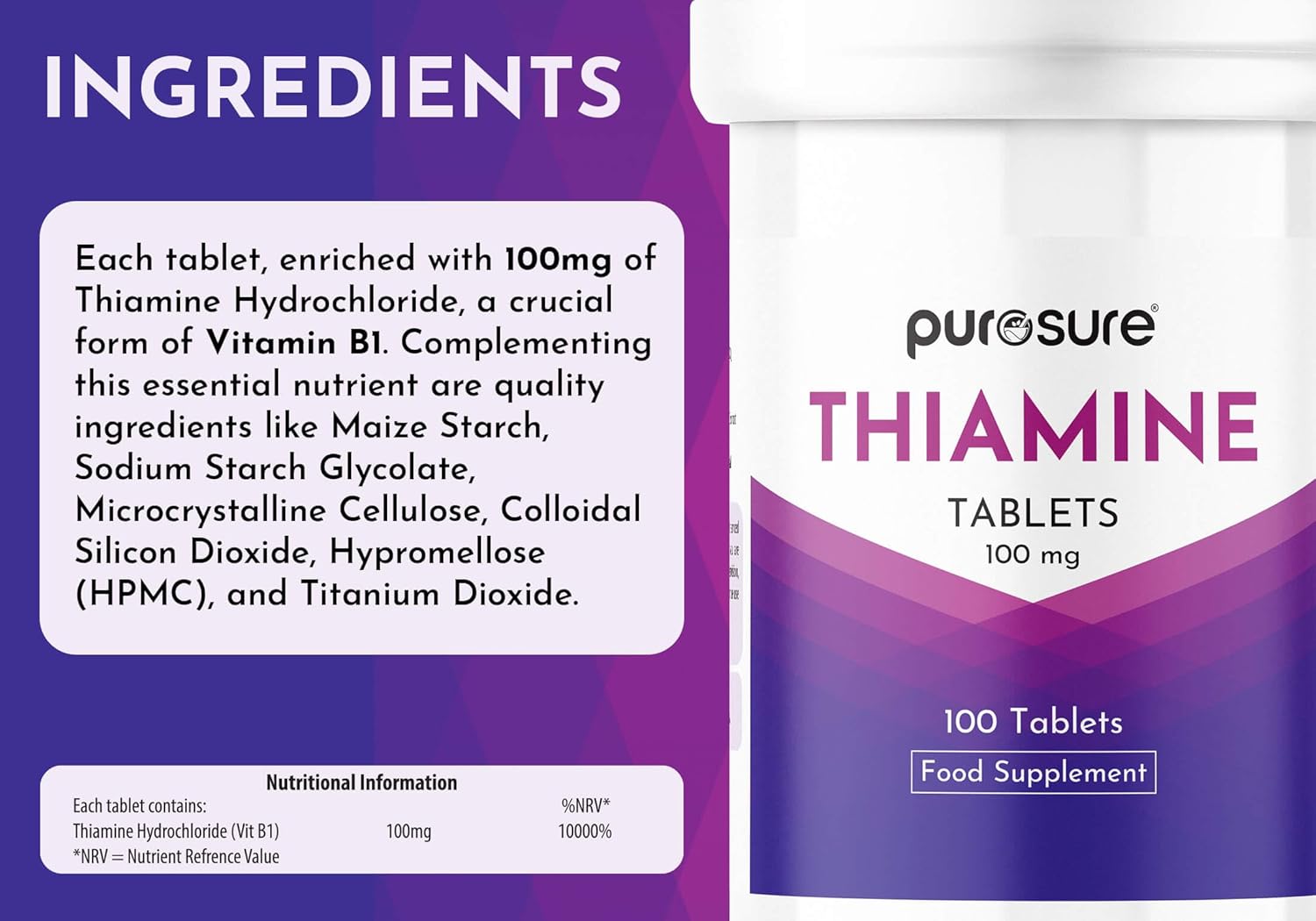 PuroSure Vitamin B1 Thiamine 100mg Tablets – Pack of 100