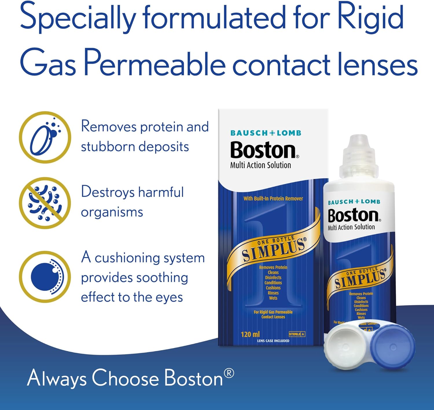 Boston Simplus Multi-Action Solution, 120ml Contact Lens Solution for Rigid Gas Permeable Contact Lenses - Clean, Disinfect, & Condition with Contact Lens Case