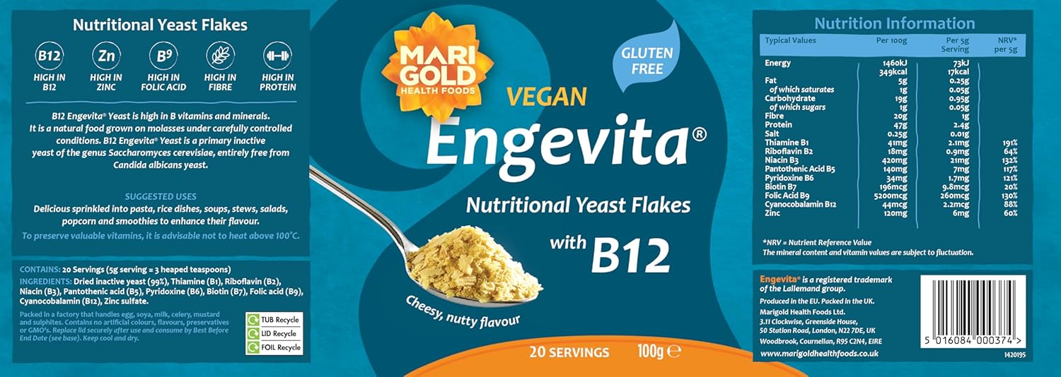 Marigold Health Foods Engevita Yeast Flakes with Vitamin B12 100g - Vegan & Gluten Free