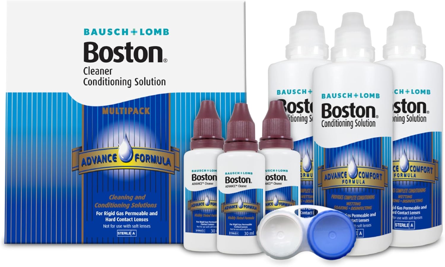 Boston Advance Cleaner Conditioning Solution Multipack - 3x 30ml Cleaner, 3x 120ml Conditioning Solution, Contact Lens Solution for Rigid Gas Permeable & Hard Contact Lenses, 1x Lens Case Included