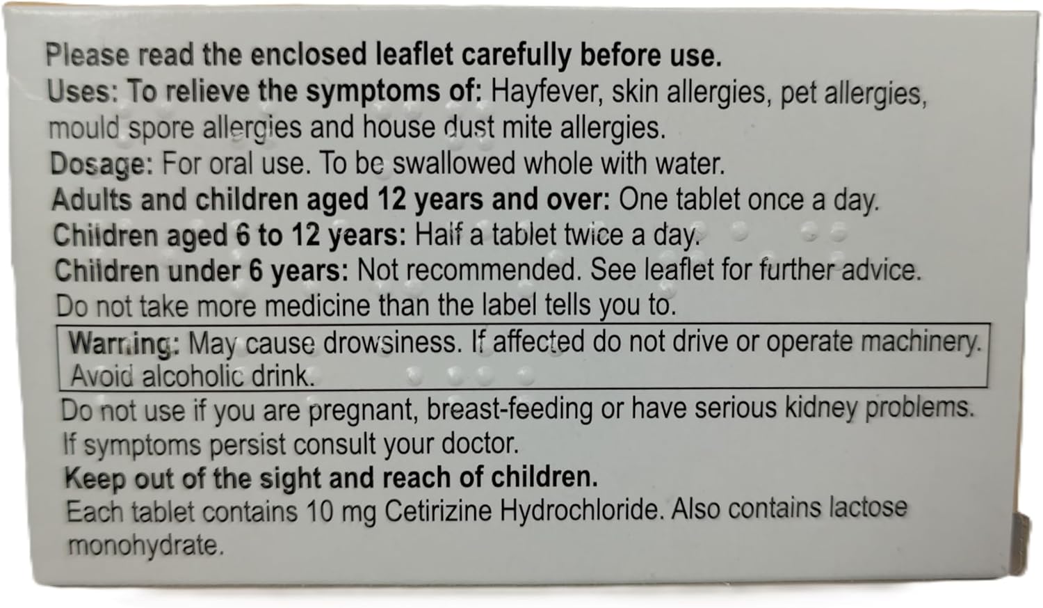Hayfever Allergy Relief Cetirizine 10mg 30 Tablets