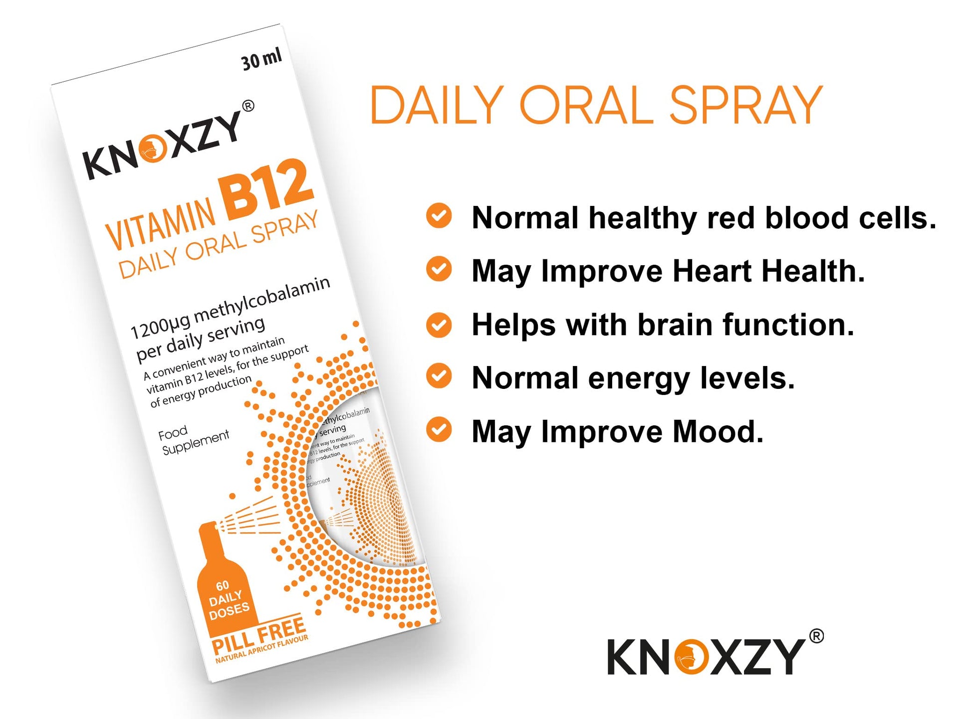 KNOXZY Vitamin B12 Oral Spray – 1,200 IU, 30ml Apricot Flavour