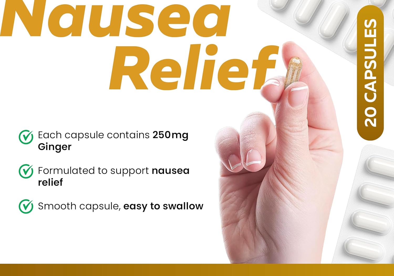 Purosure Nausea Relief Ginger Capsules for Travel Sickness Relief, 250 mg 20