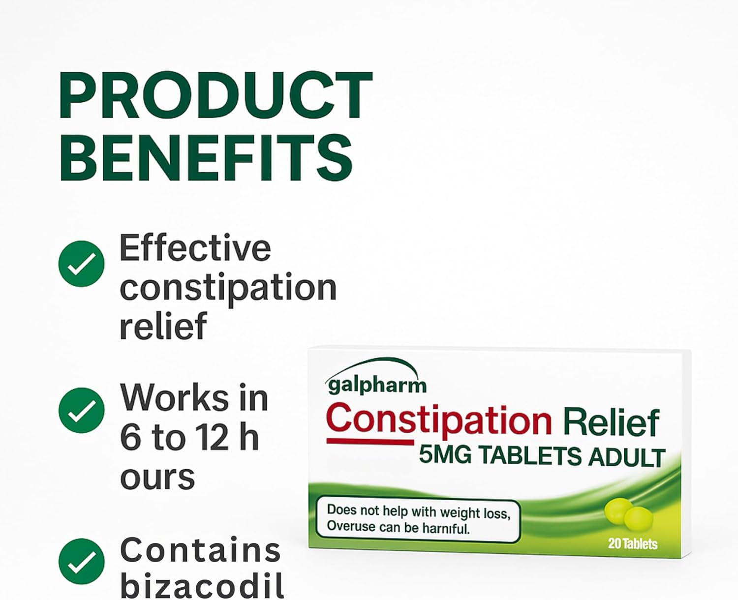 Galpharm Constipation Relief Bisocodyl 5mg 20 Tablets| Fast-Acting Laxative |Gentle Bowel Support for Adults & Children 12+
