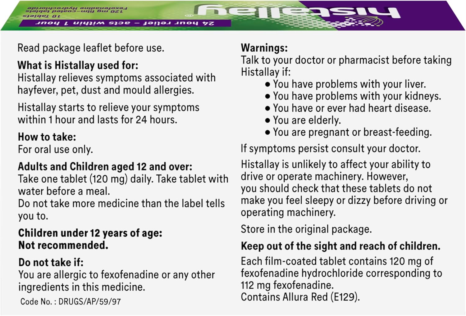 Histallay Hayfever & Allergy Relief 120mg Fexofenadine 30 Tablets Antihistamine 24hr Relief