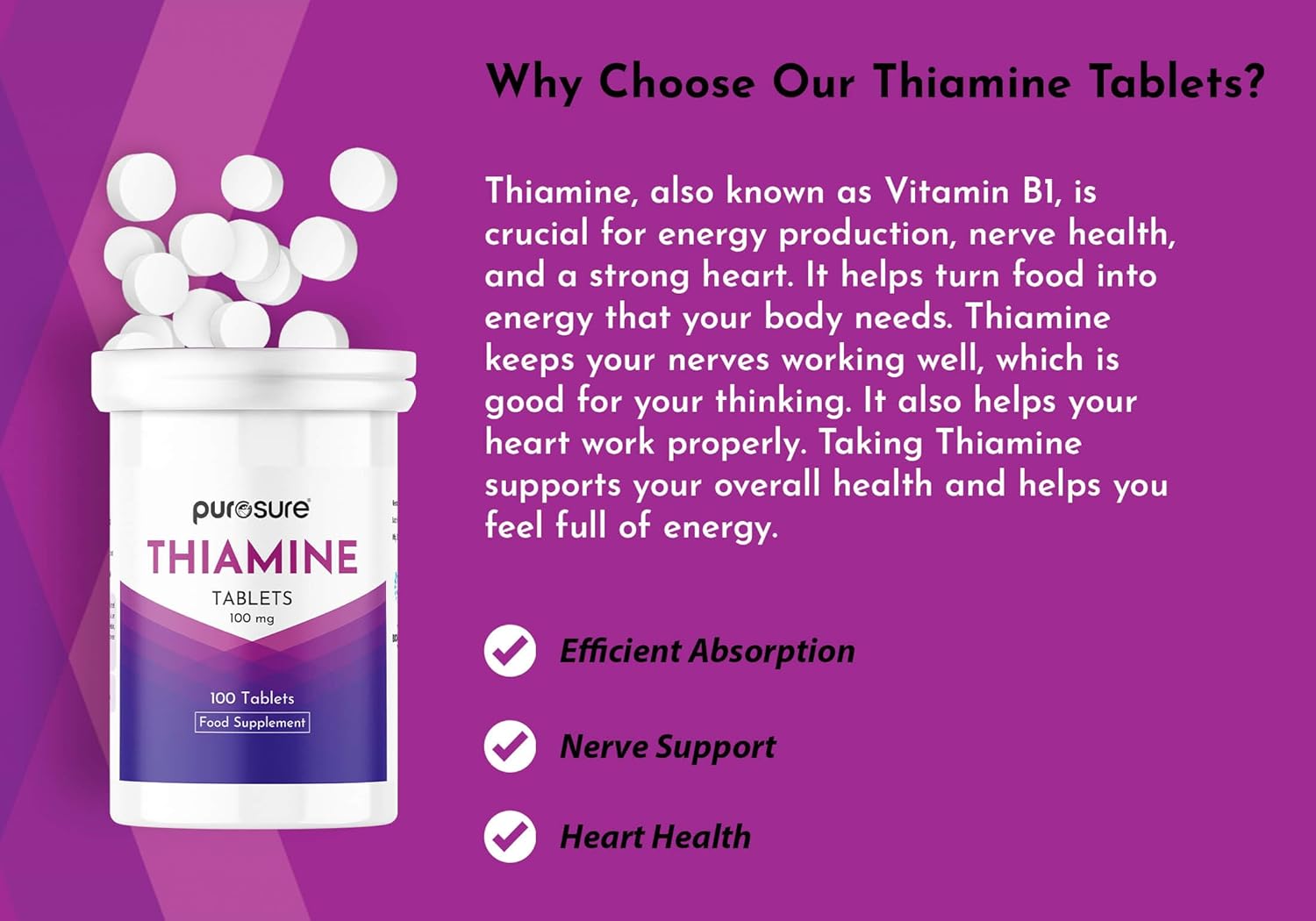 PuroSure Vitamin B1 Thiamine 100mg Tablets – Pack of 100