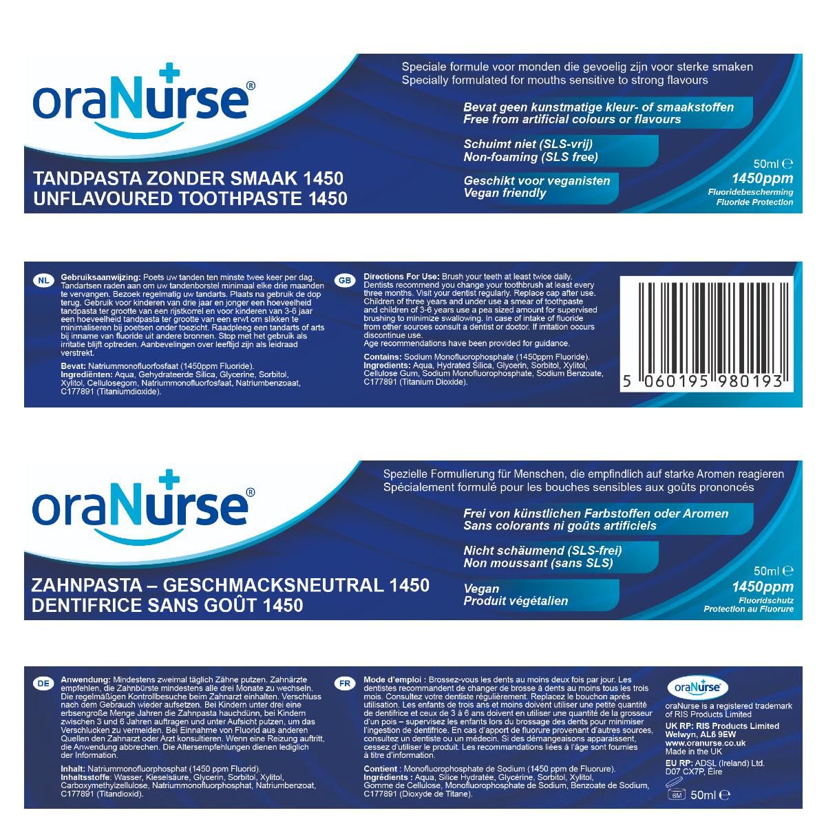 Oranurse Unflavoured Toothpaste 1450ppm 50ml