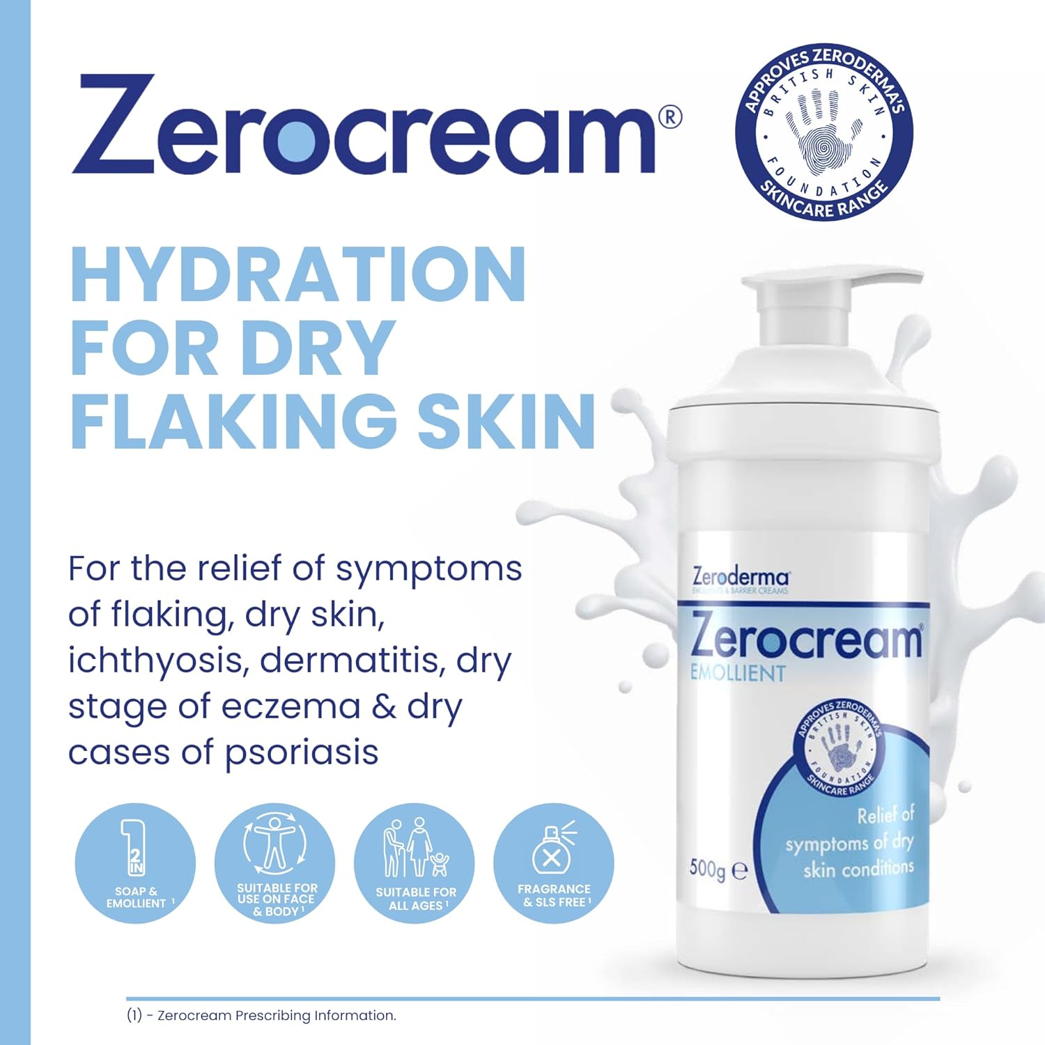 Zeroderma Zerocream Emollient Cream 2-in-1 Moisturiser & Soap Substitute 500g