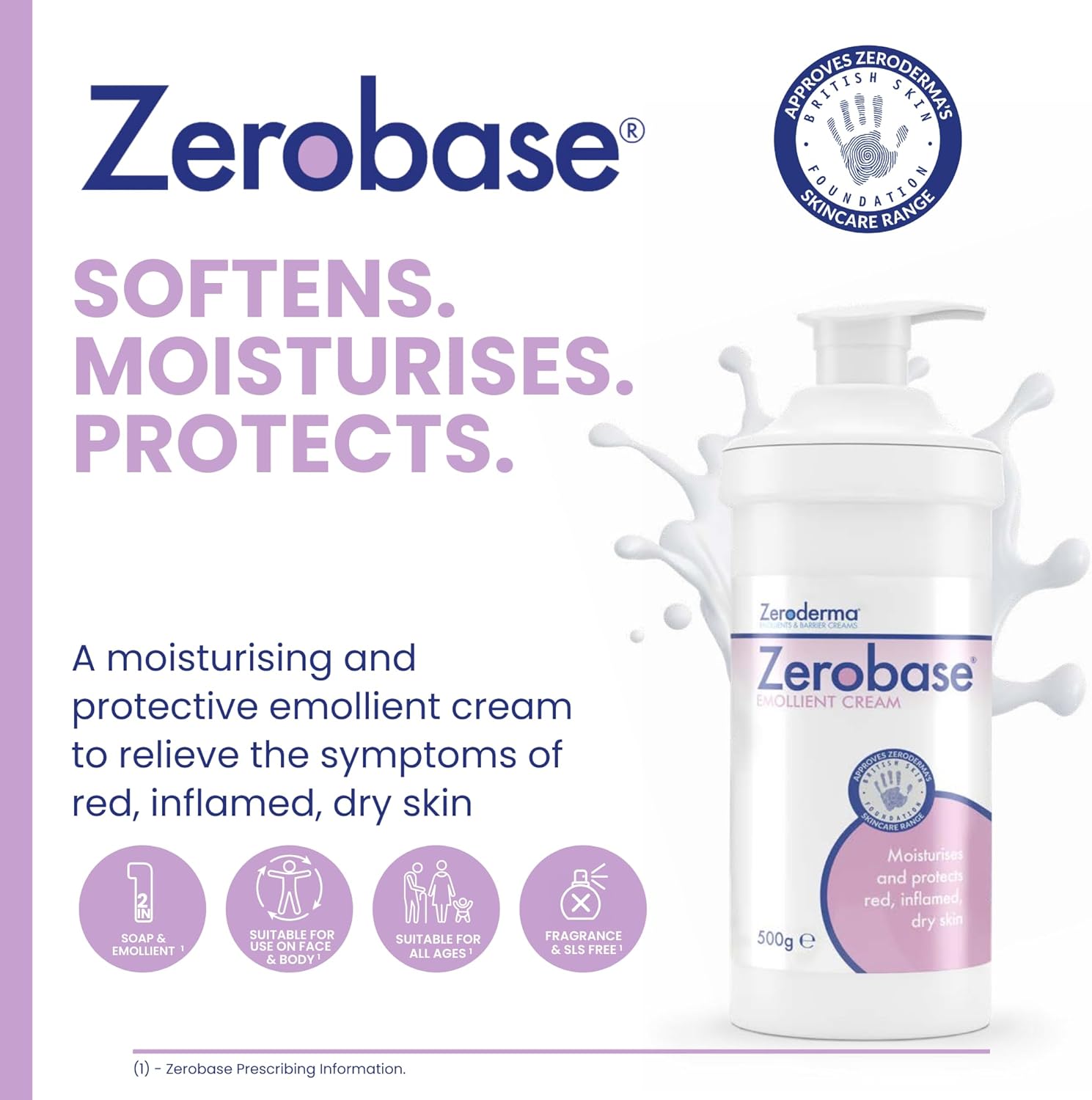 Zeroderma Zerobase Emollient Cream 2-in-1 Moisturiser & Soap Substitute 500g