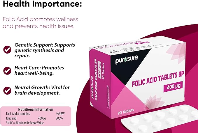 PuroSure Vitamin B9 – Folic Acid 400 mcg, 90 Tablets