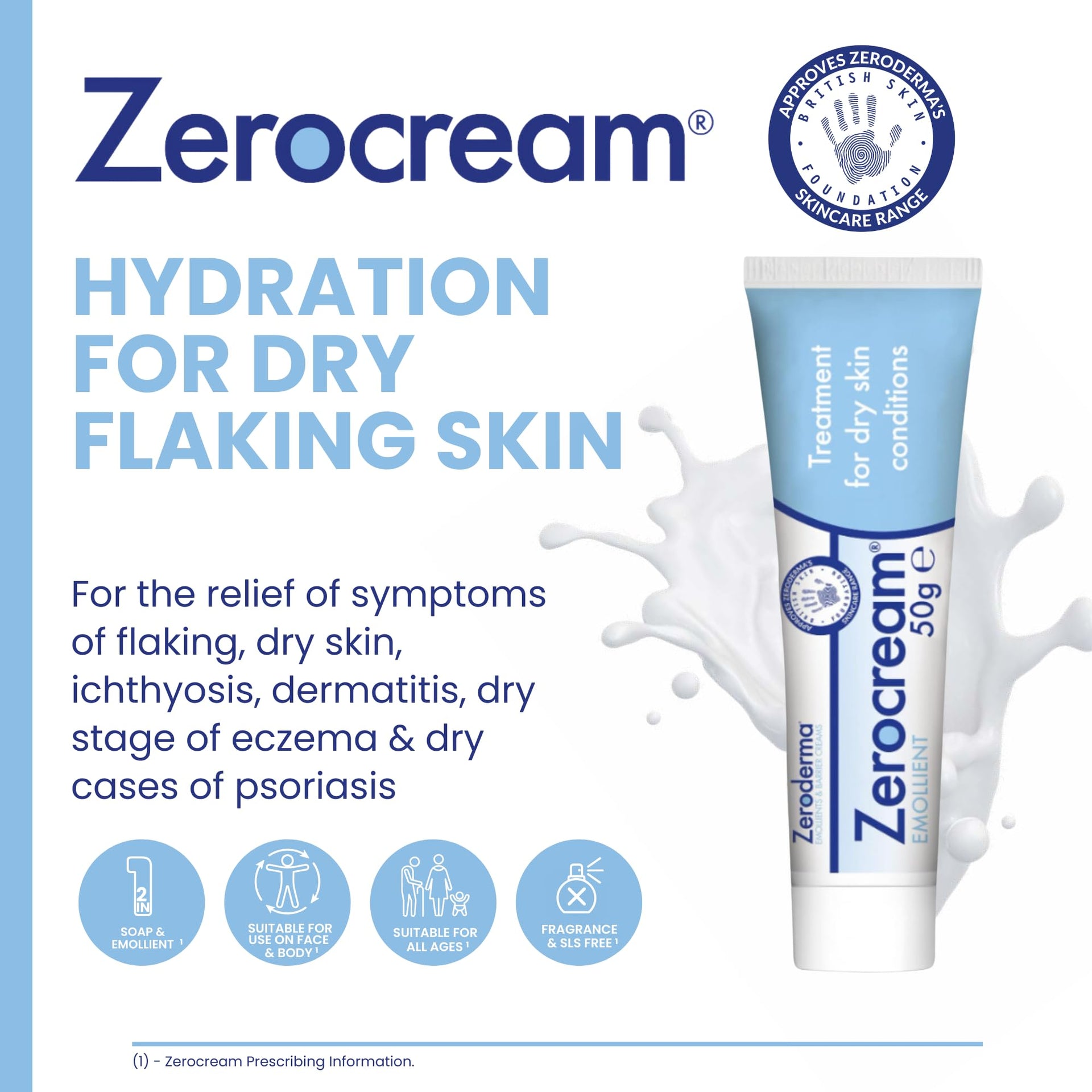 Zeroderma Zerocream Emollient Cream 2-in-1 Moisturiser & Soap Substitute 50g