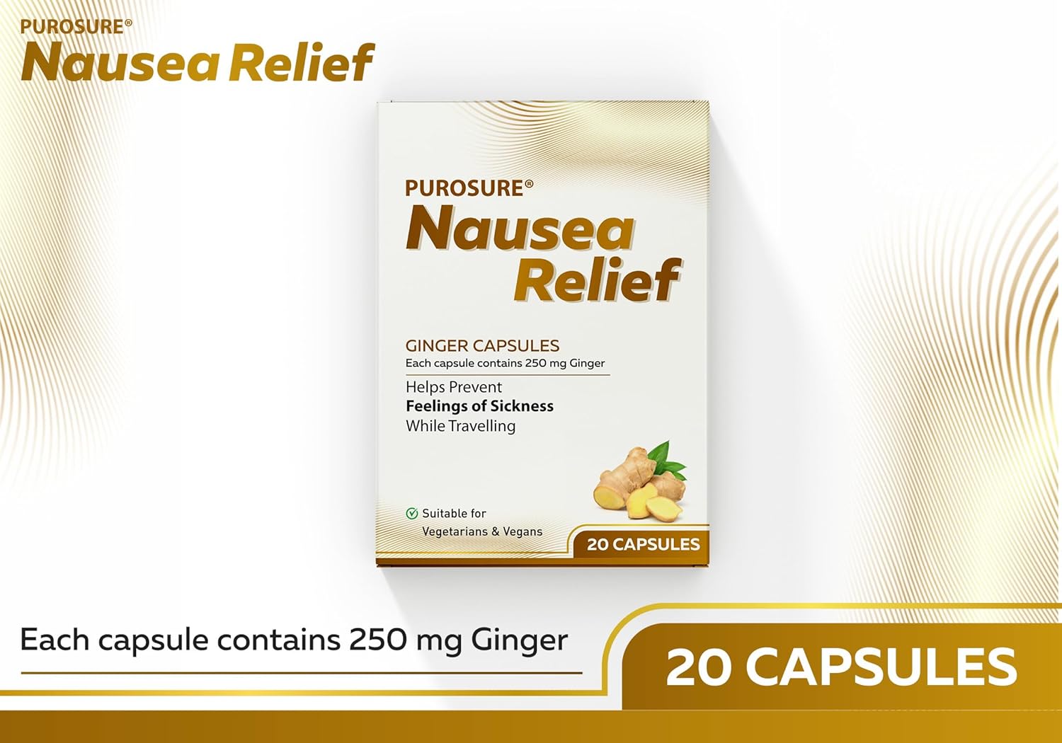 Purosure Nausea Relief Ginger Capsules for Travel Sickness Relief, 250 mg 20