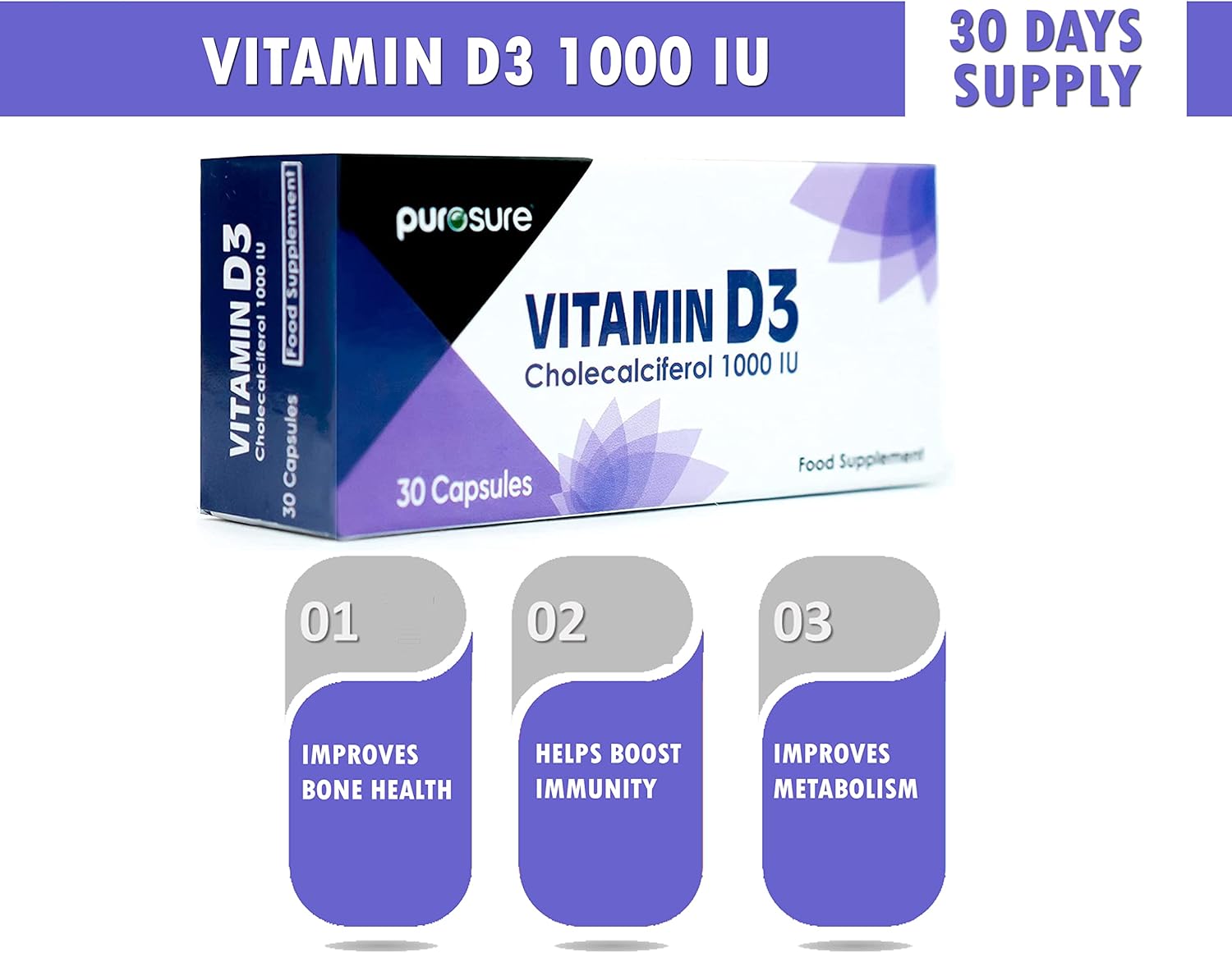 PuroSure Vitamin D3 1000 IU - 30 Capsules