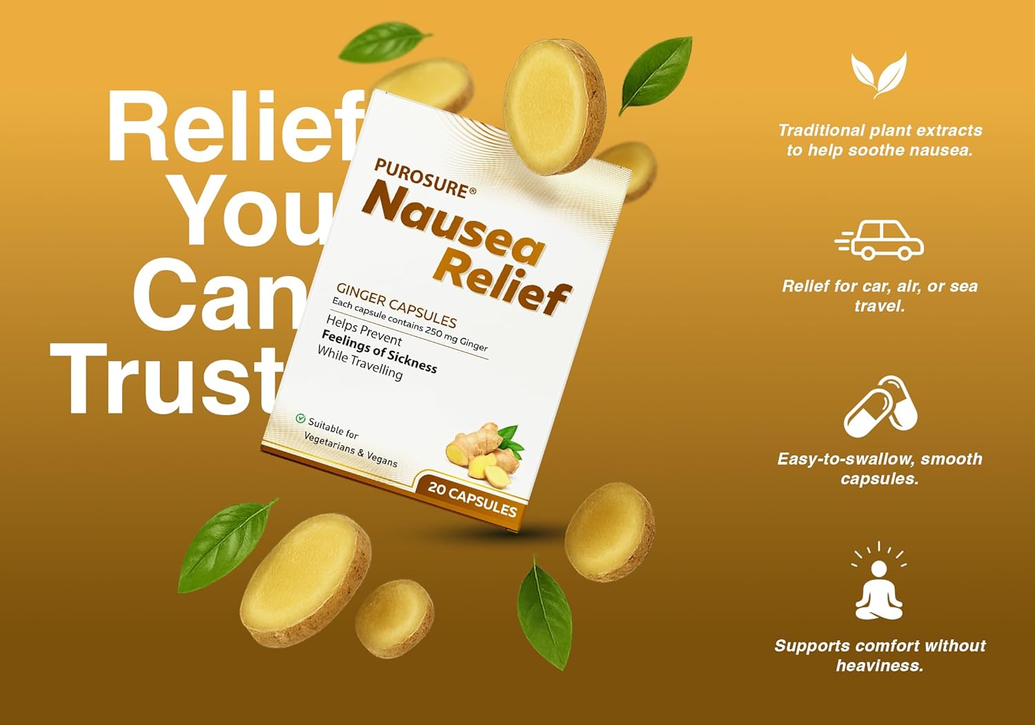 Purosure Nausea Relief Ginger Capsules for Travel Sickness Relief, 250 mg 20