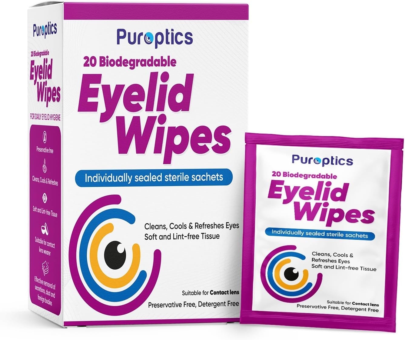 Puroptics Eyelid Wipes | 20 Individually Wrapped Eyelid Cleansing Wipes