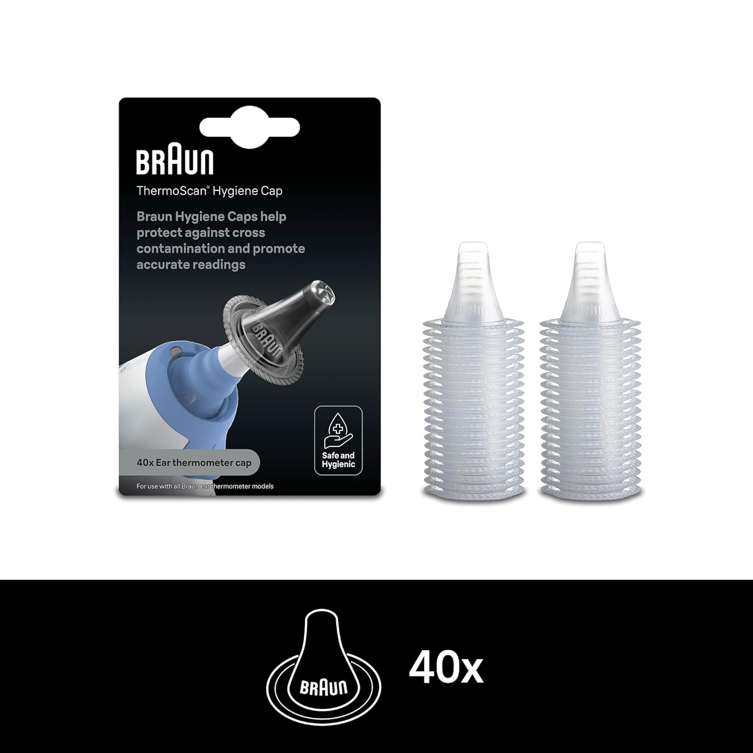 Braun ThermoScan Hygiene Caps - 40 pcs - Compatible with Braun ThermoScan Ear Thermometers - LF40