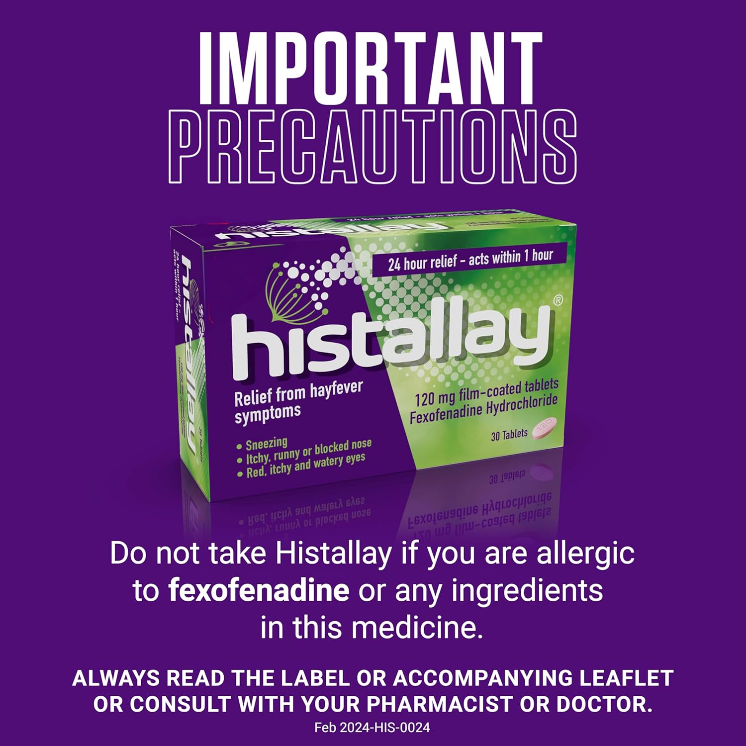 Histallay Hayfever & Allergy Relief 120mg Fexofenadine 30 Tablets Antihistamine 24hr Relief