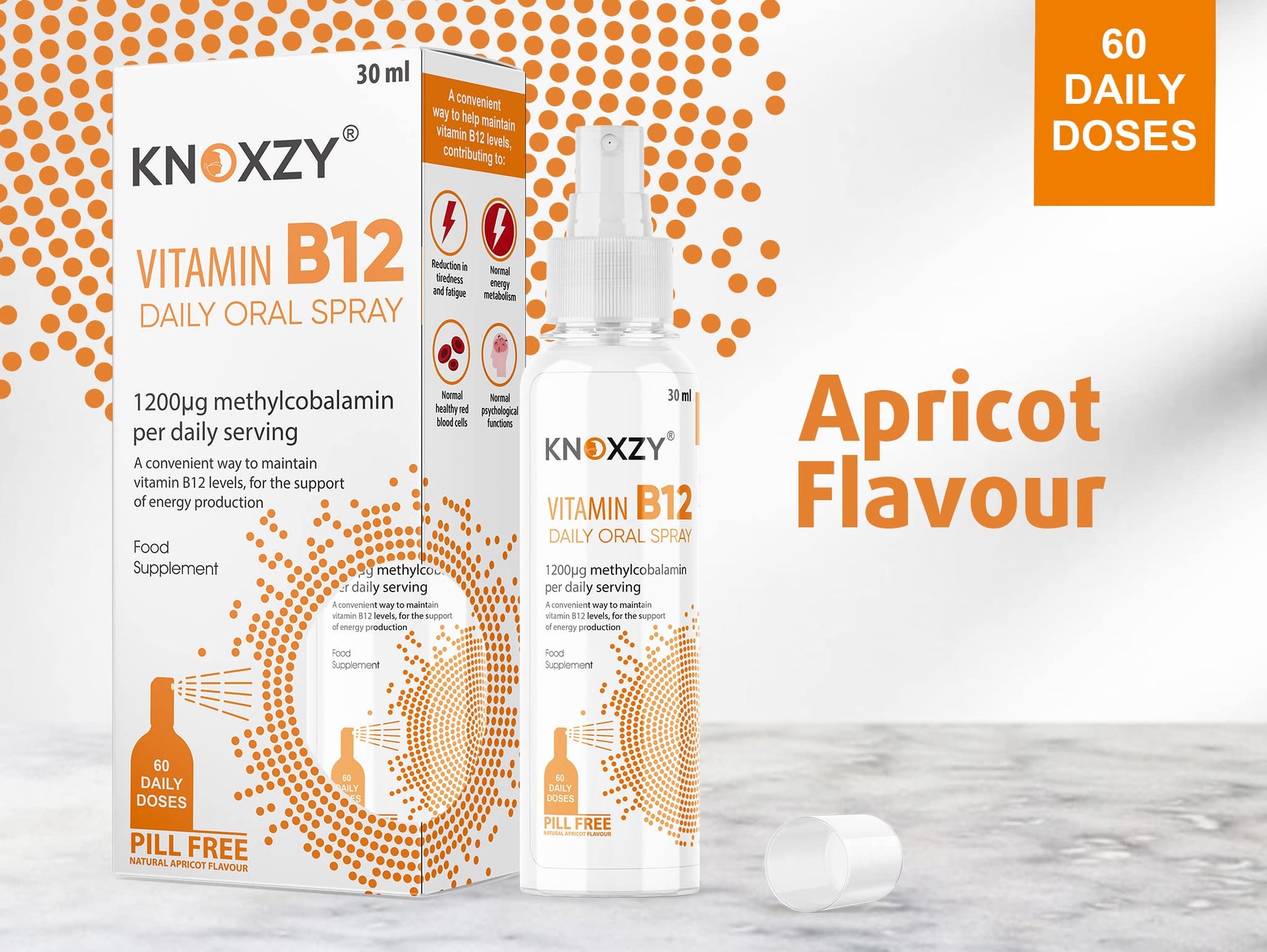 KNOXZY Vitamin B12 Oral Spray – 1,200 IU, 30ml Apricot Flavour