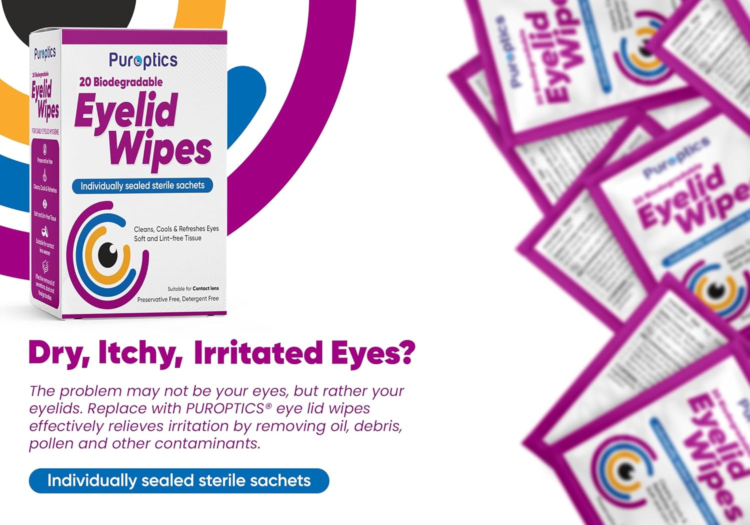 Puroptics Eyelid Wipes | 20 Individually Wrapped Eyelid Cleansing Wipes