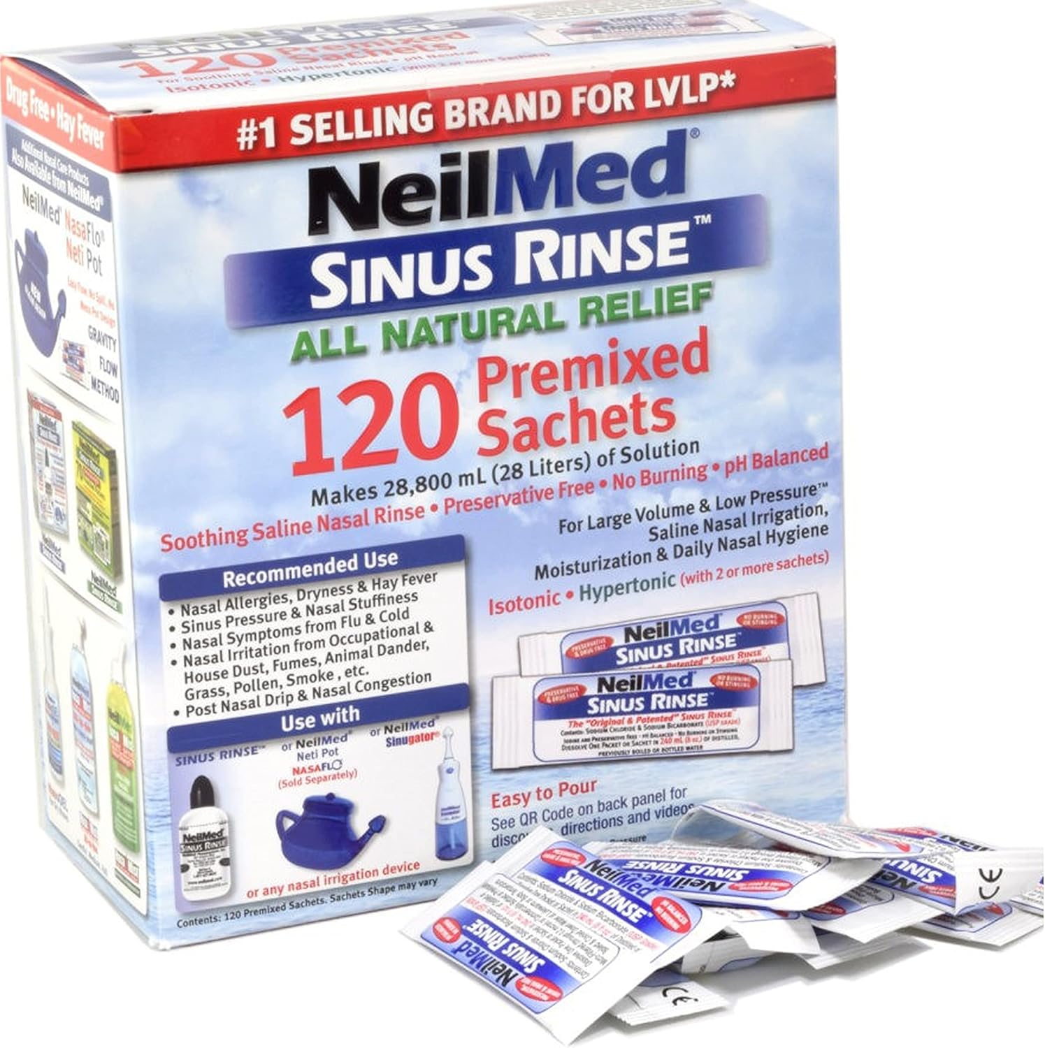NeilMed Sinus Rinse, bustine ipertoniche premiscelate completamente naturali, confezione da 120