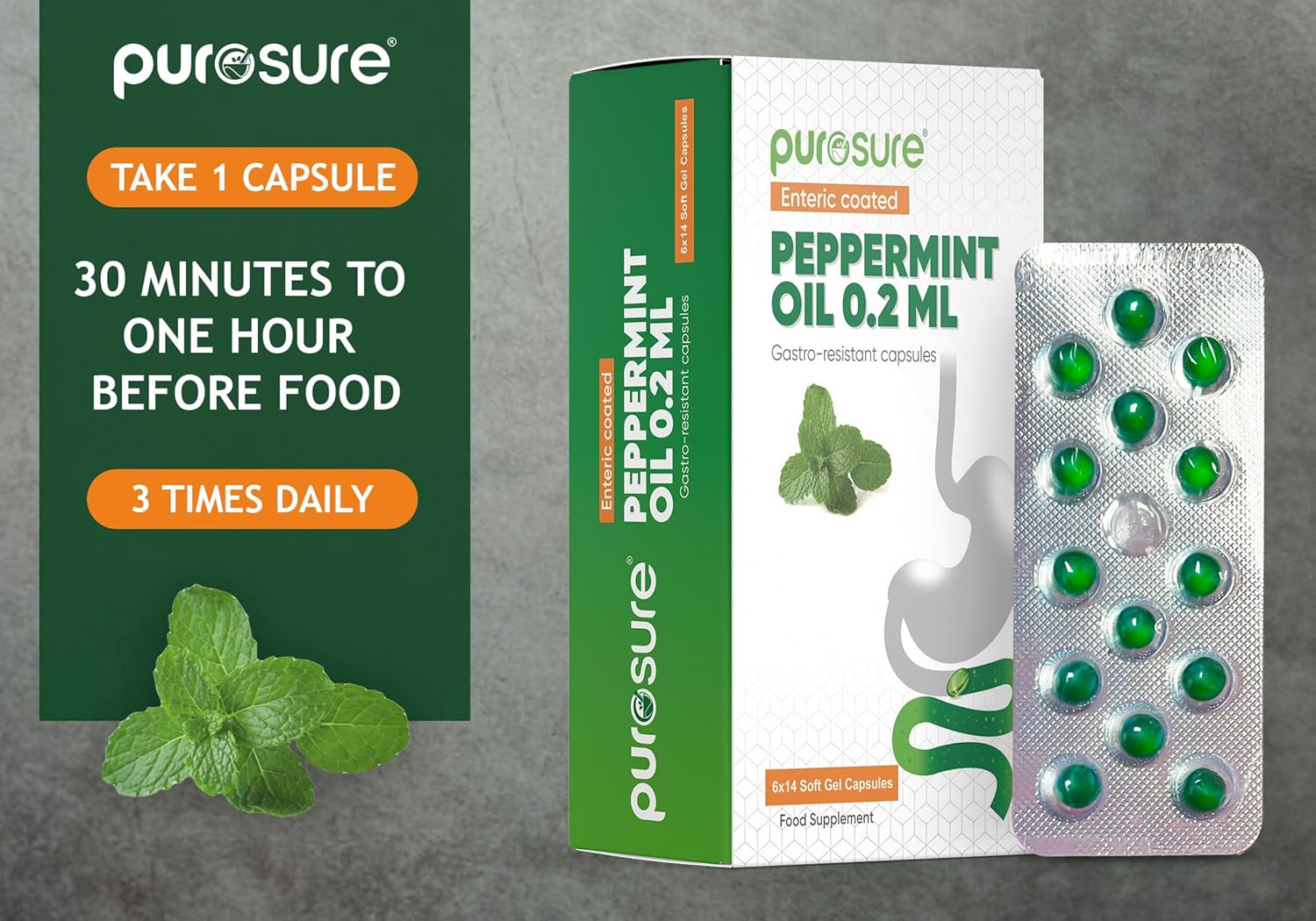 Purosure Peppermint Oil Capsules – 84 Enteric-Coated Softgels (0.2ml)