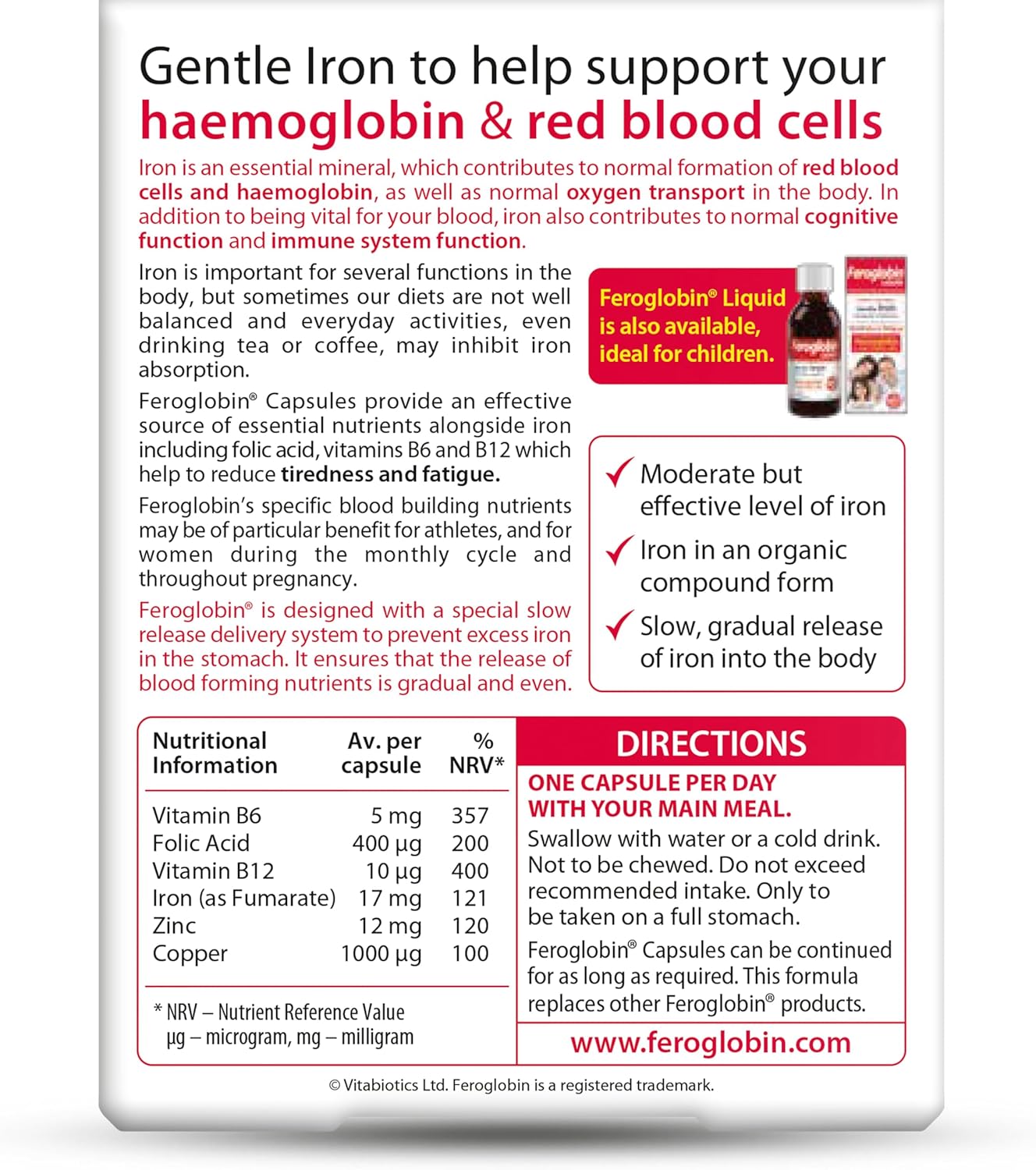 Feroglobin Iron Supplement Supports Energy, Reduced Tiredness & Fatigue Vitamin and Mineral Capsules 30 Capsules