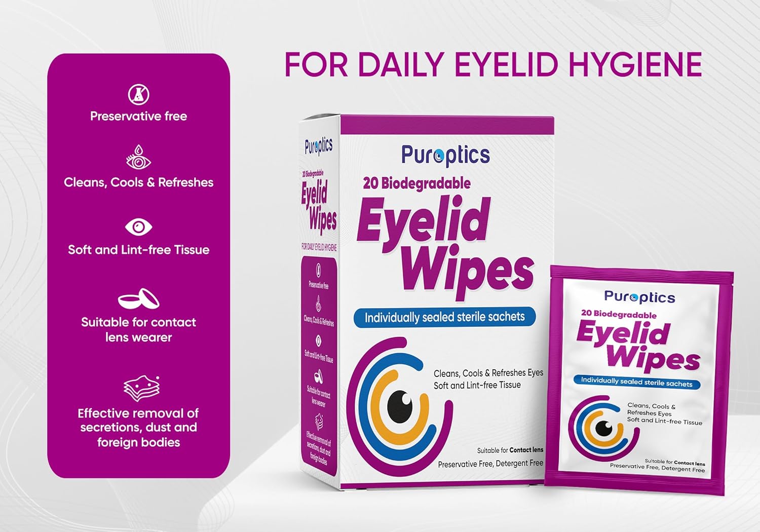 Puroptics Eyelid Wipes | 20 Individually Wrapped Eyelid Cleansing Wipes