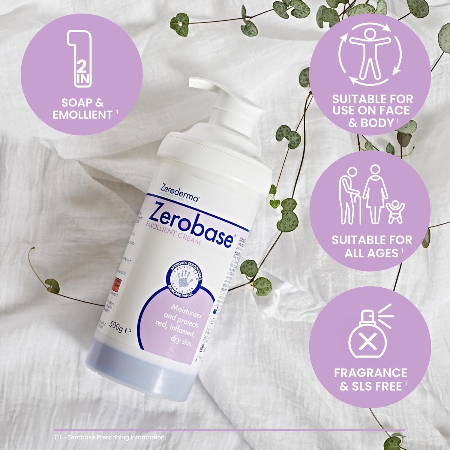 Zeroderma Zerobase Emollient Cream 2-in-1 Moisturiser & Soap Substitute 500g