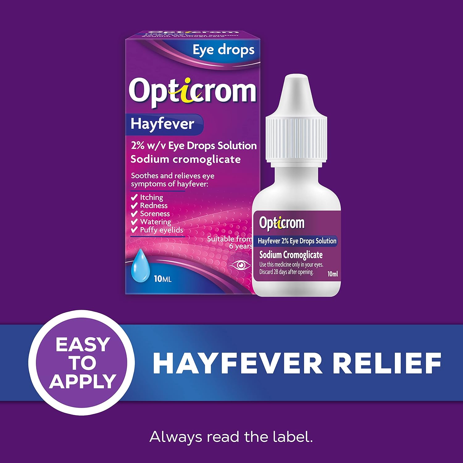 Opticrom Hayfever 2% w/v Eye Drops Solution, Anti-Allergy Relief for Itchy and Irritated Eyes -  1 x 10 ml