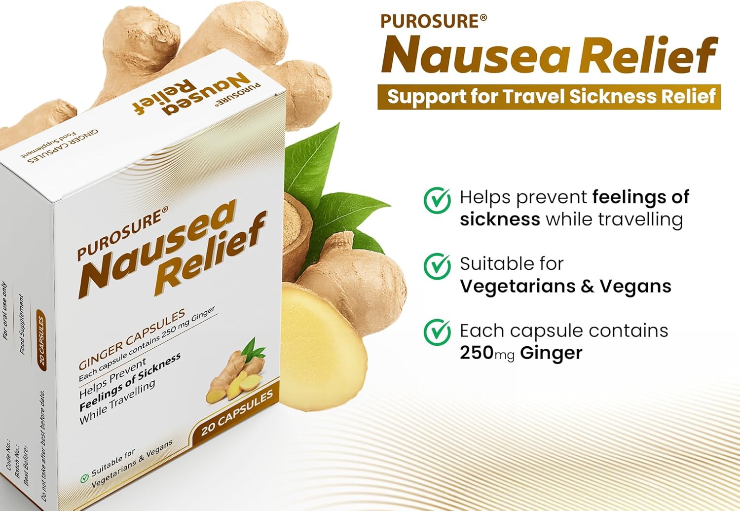 Purosure Nausea Relief Ginger Capsules for Travel Sickness Relief, 250 mg 20
