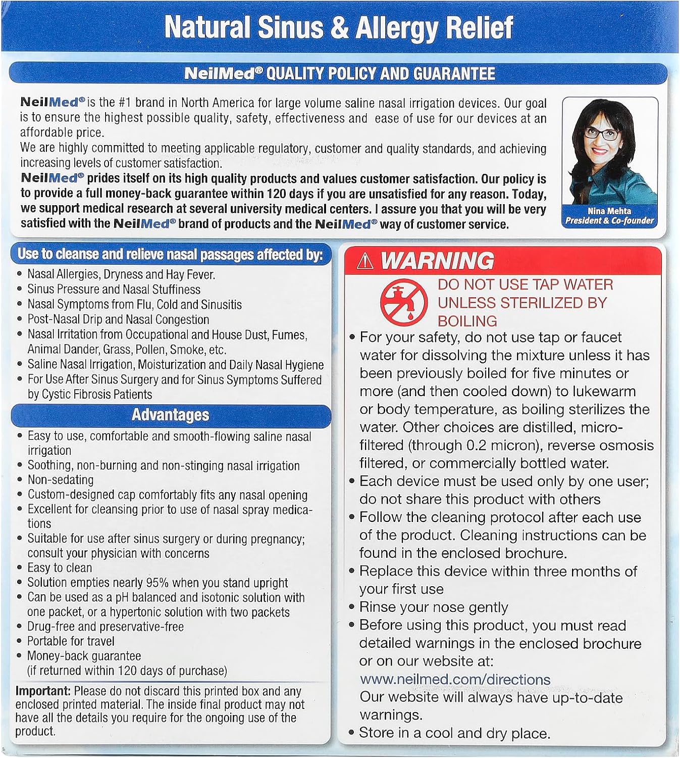 Kit originale per lavaggio dei seni paranasali NeilMed con 60 bustine premiscelate