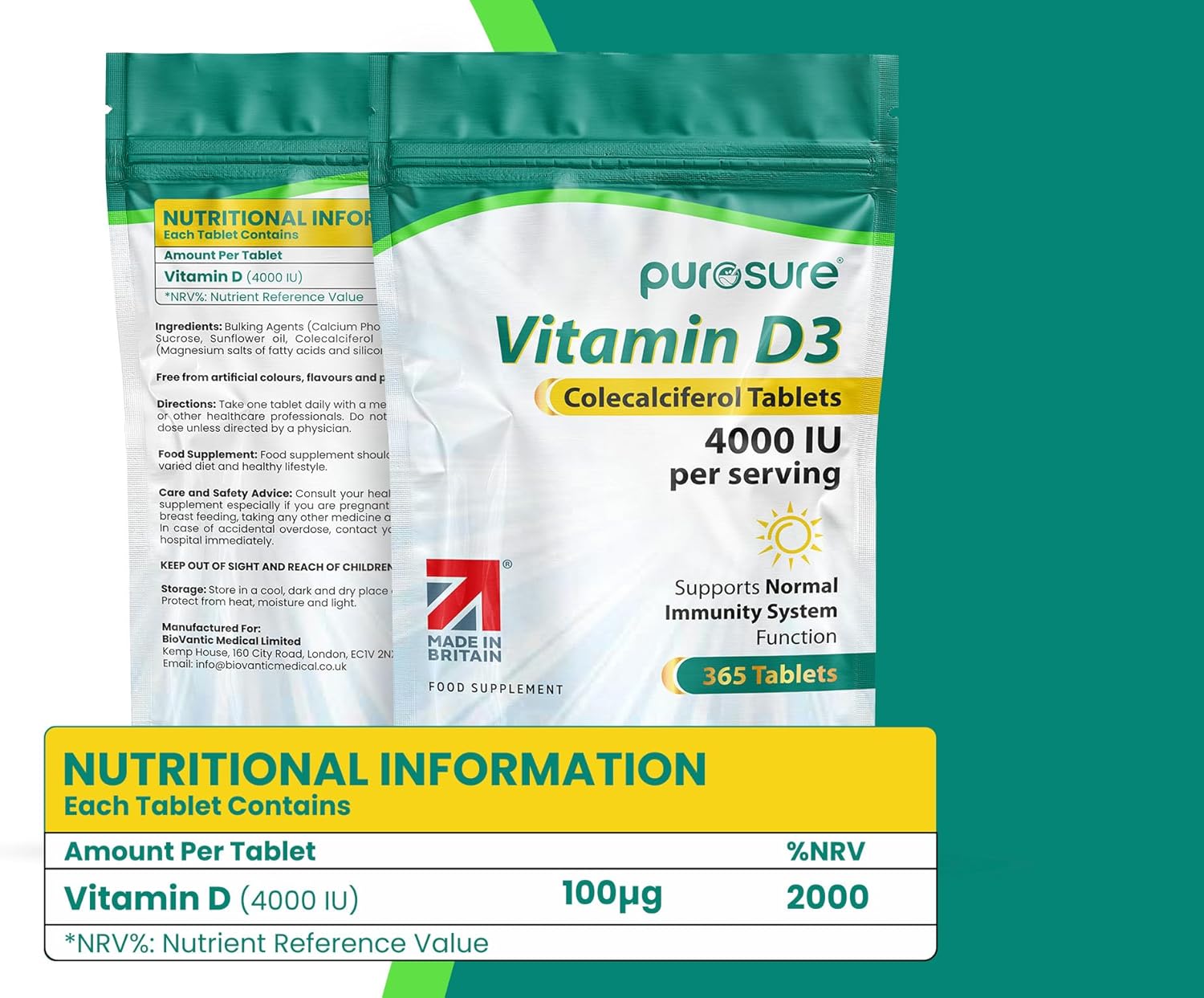 Purosure Vitamin D3 4000 IU – 365 High Strength Tablets