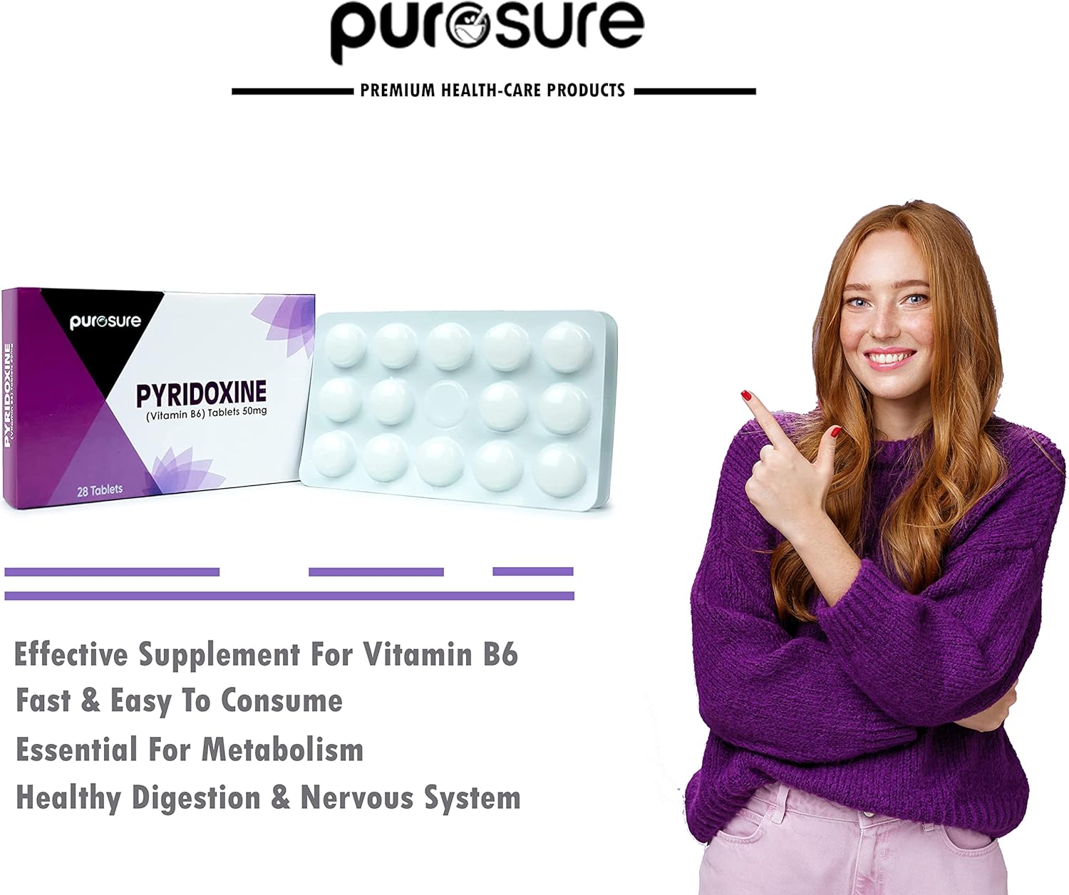 PuroSure Pyridoxine B6 – 50mg, 28 Tablets