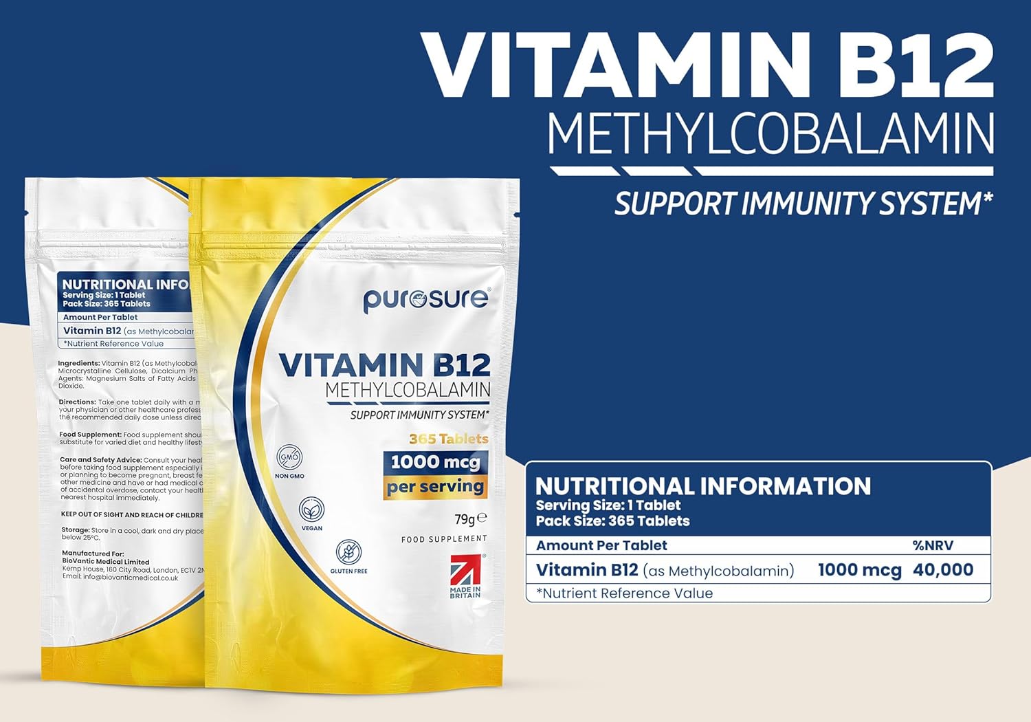 Purosure Vitamin B12 1000µg – 365 Vegan Tablets