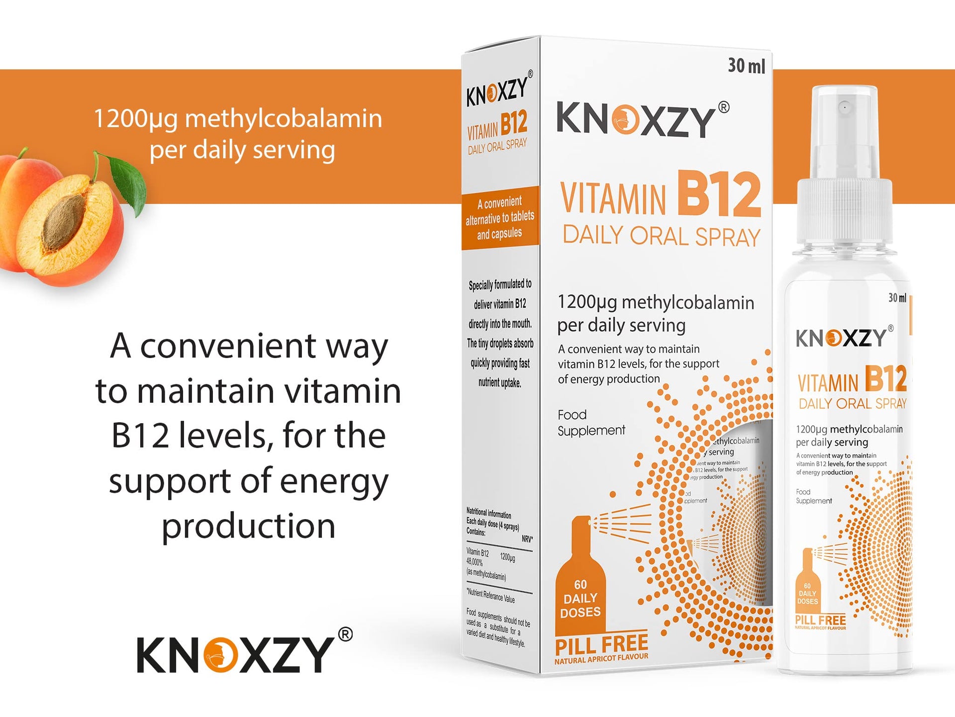 KNOXZY Vitamin B12 Oral Spray – 1,200 IU, 30ml Apricot Flavour