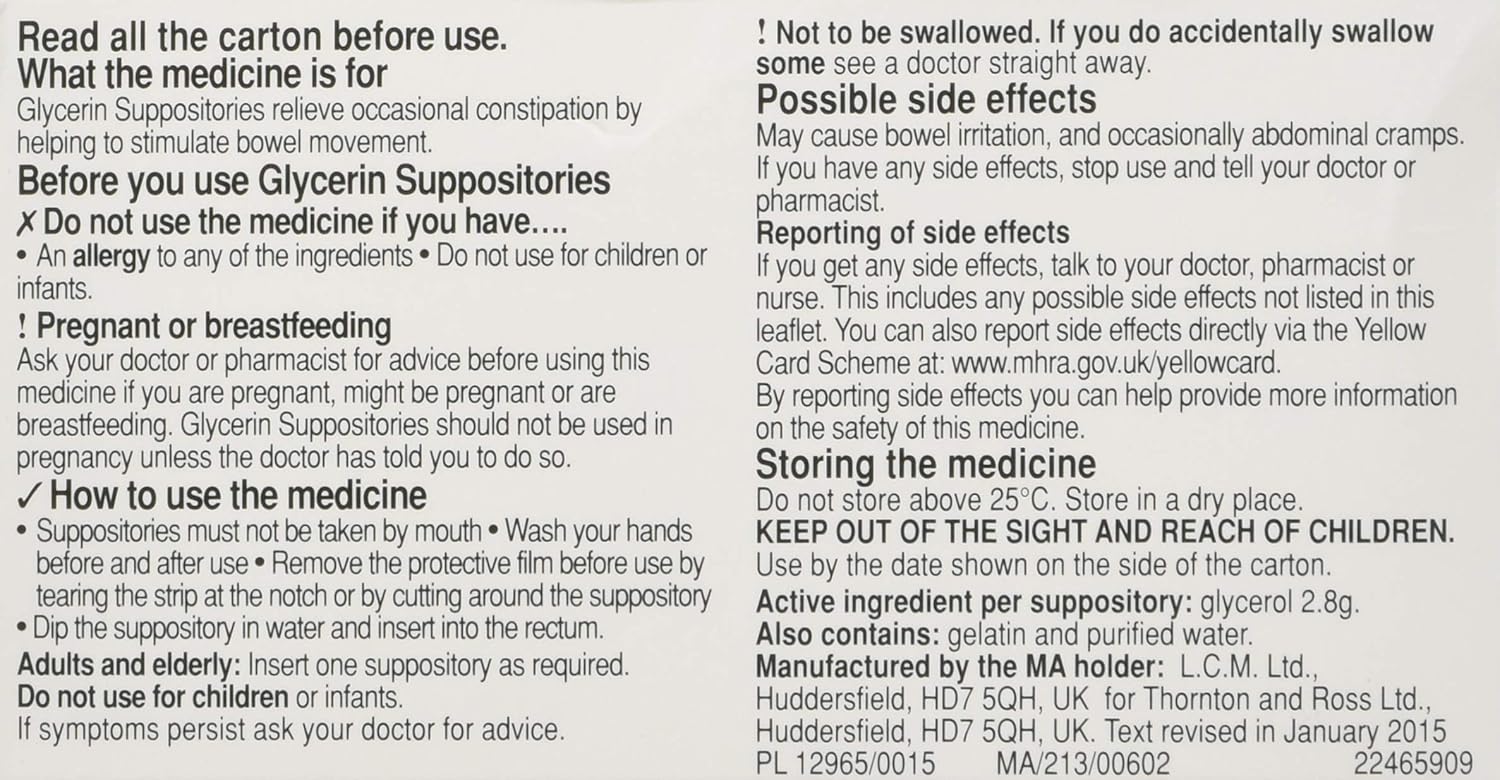Care+ Glycerin Suppositories (Adult Sized) x 12