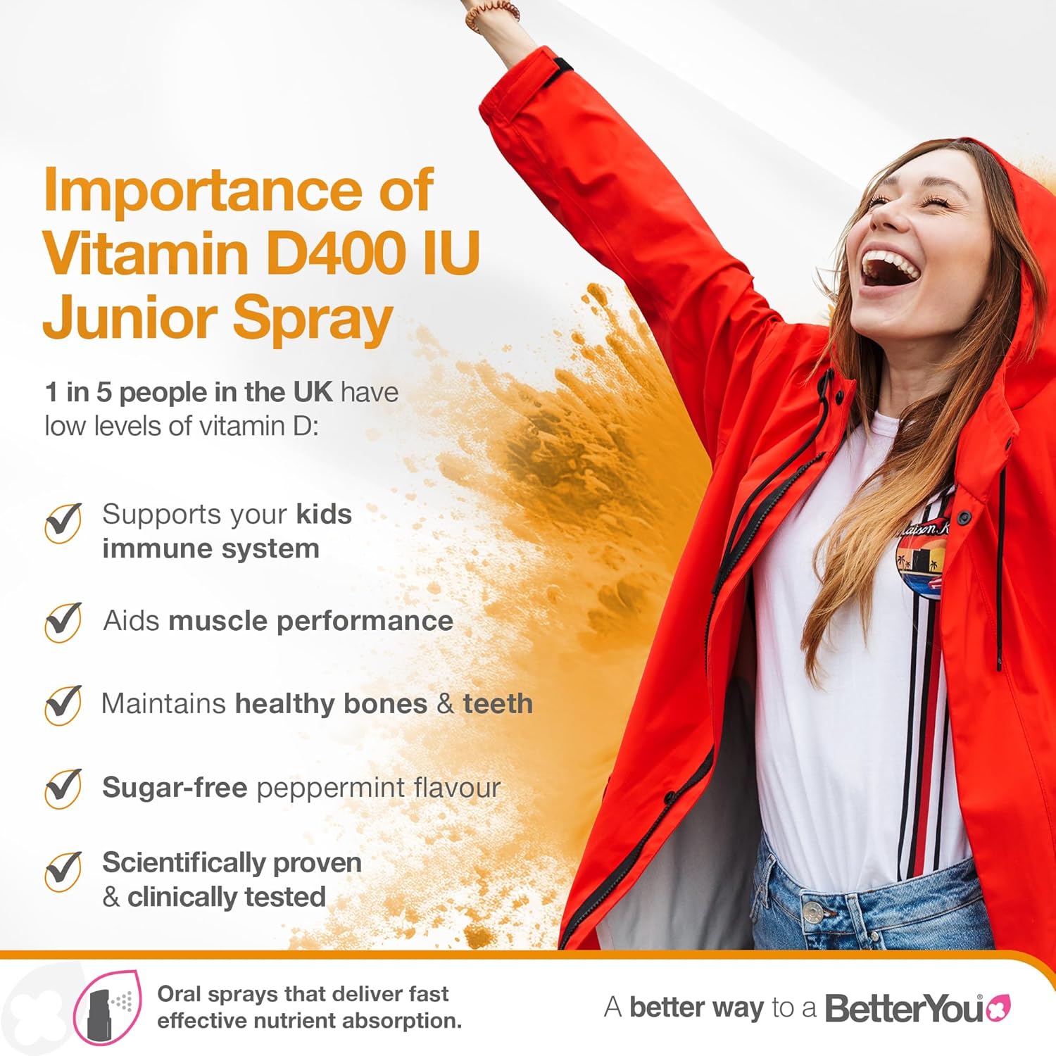 BetterYou Vitamin D 400 IU Junior Daily Oral Spray 3-month Supply Natural Peppermint Flavour