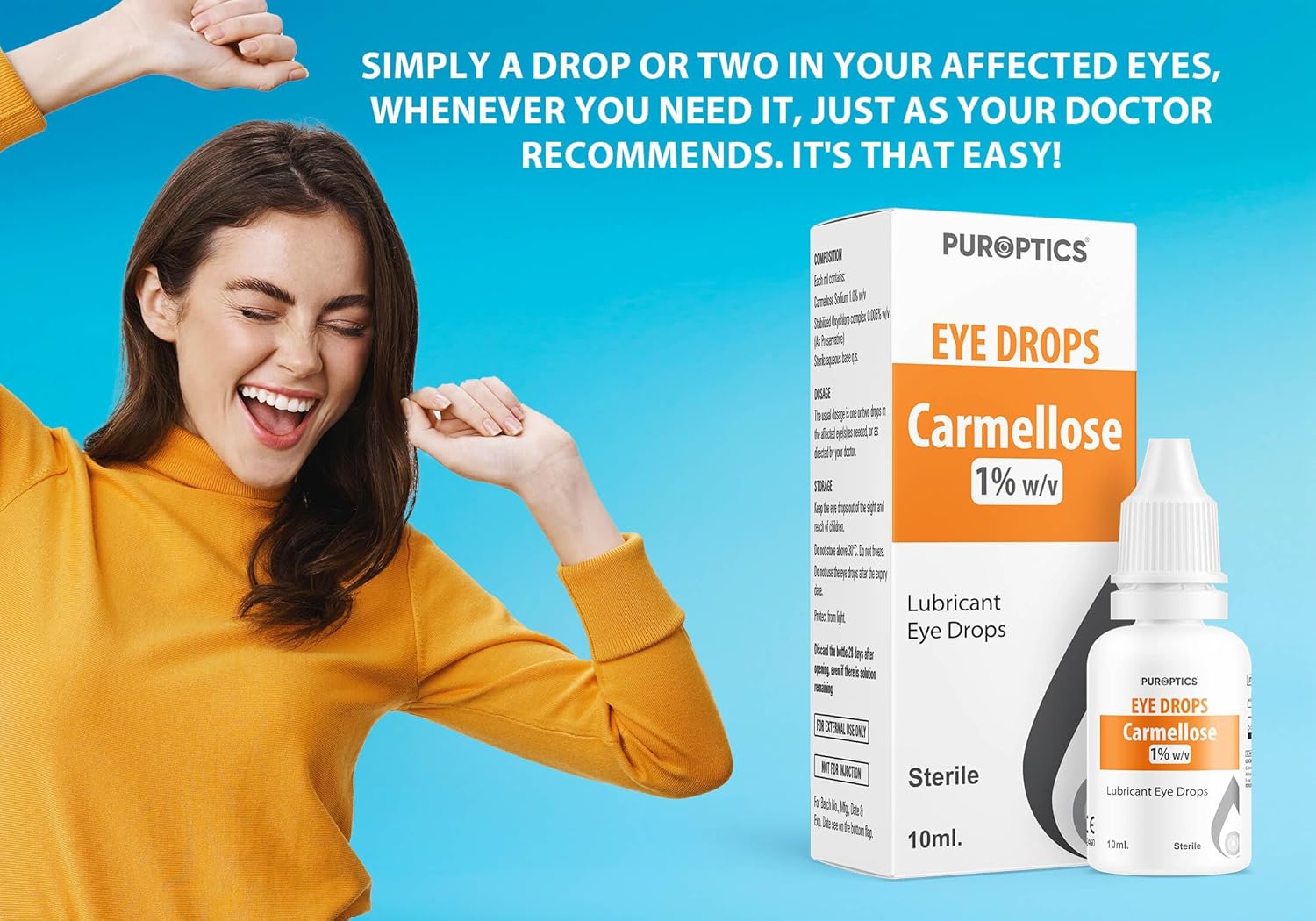 PUROPTICS Carmellose 1% Lubricant Eye Drops for Dry Eyes and Irritated Eyes 10ml