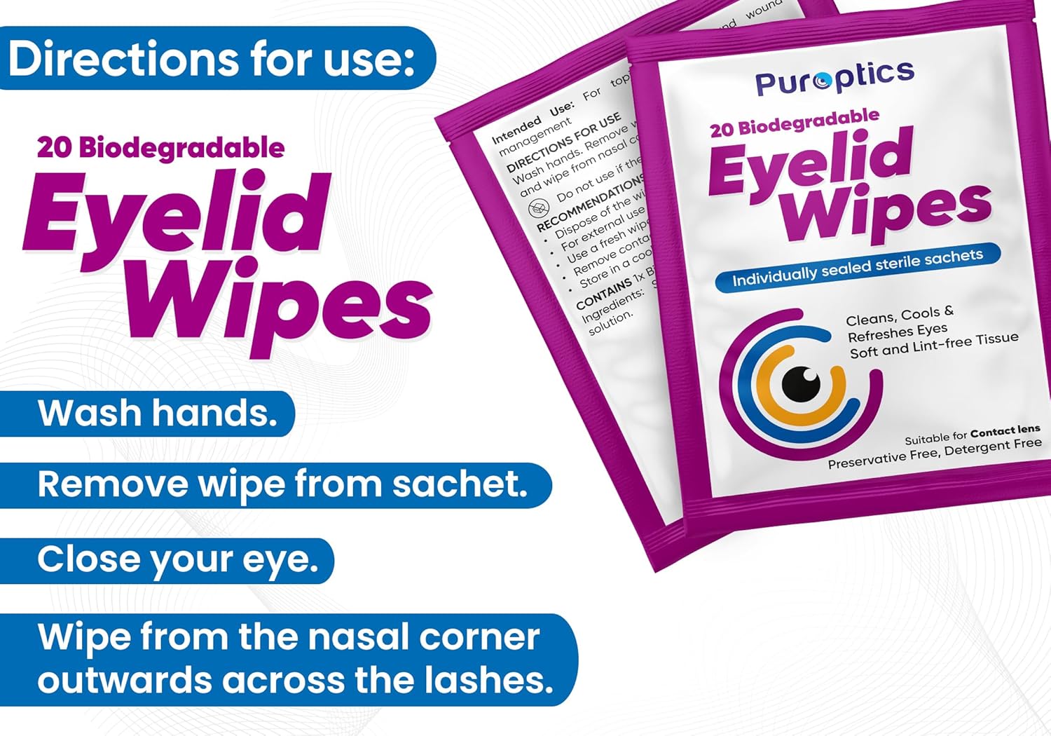 Puroptics Eyelid Wipes | 20 Individually Wrapped Eyelid Cleansing Wipes