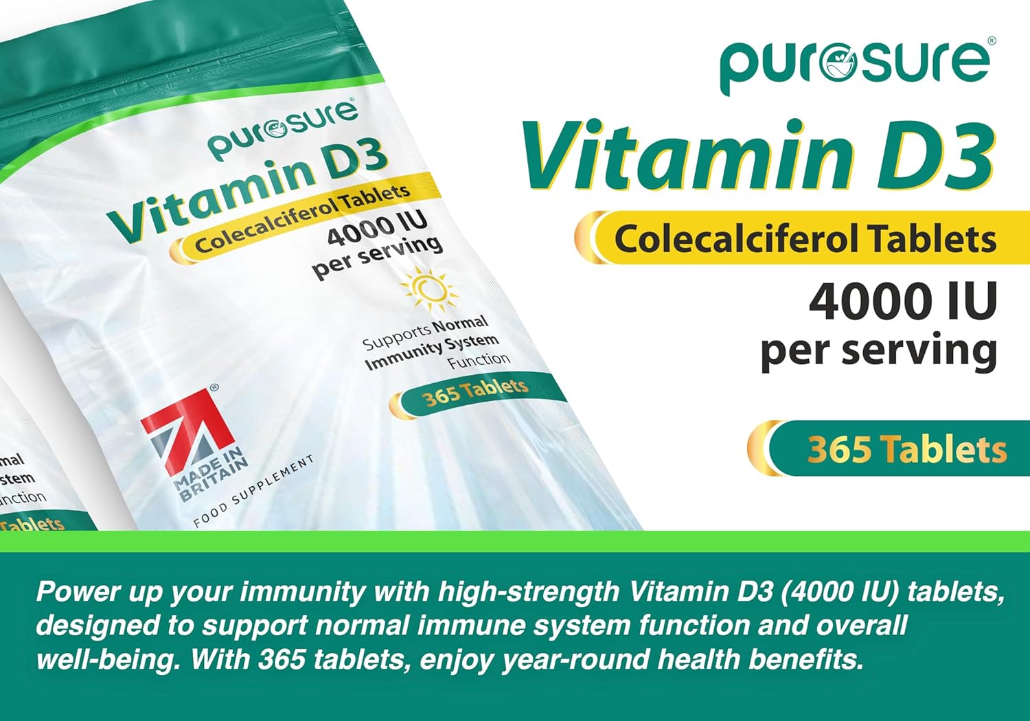 Purosure Vitamin D3 4000 IU – 365 High Strength Tablets