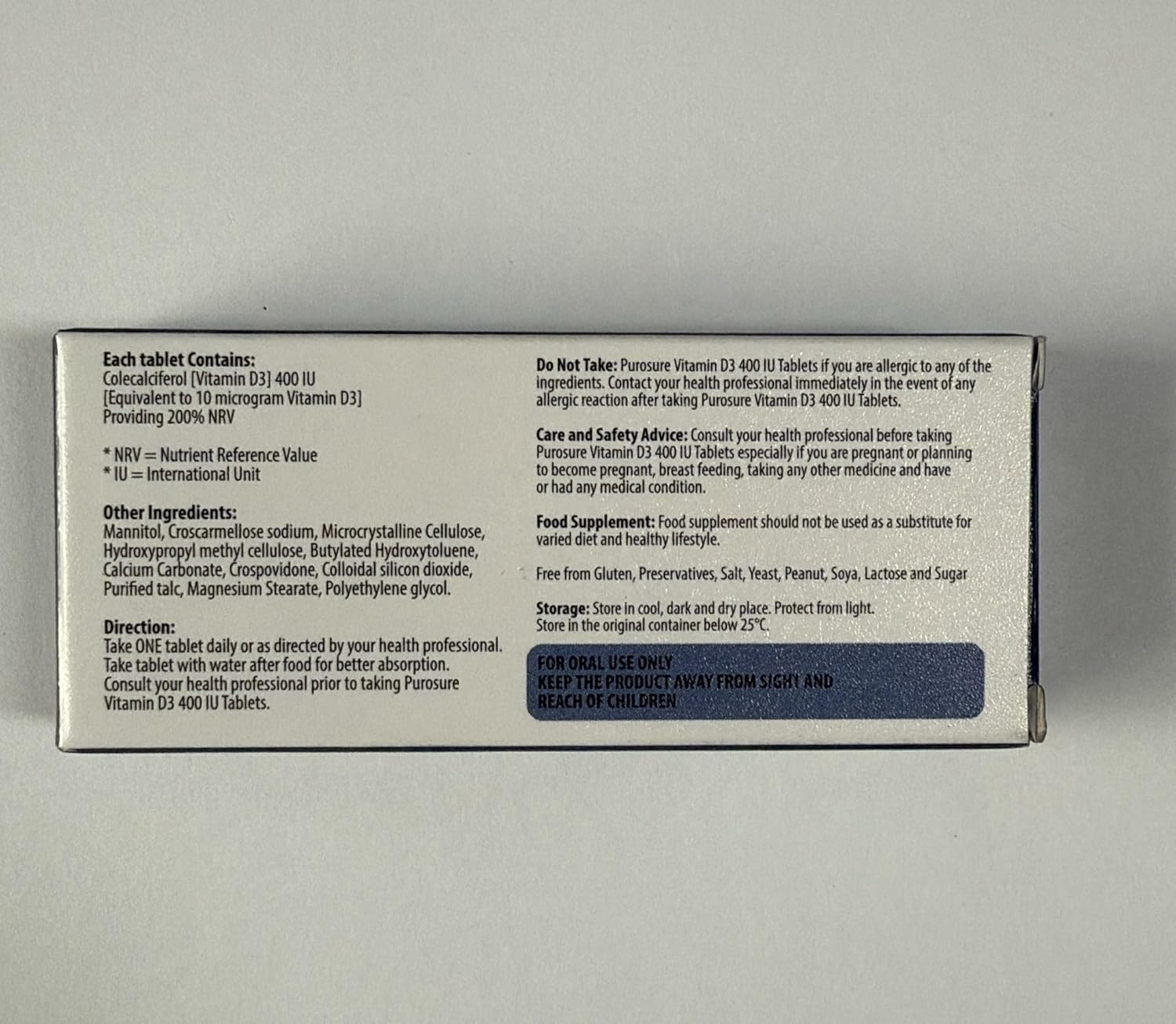 Purosure Vitamin D3 400 IU – 30 Tablets for Immune & Bone Health Support